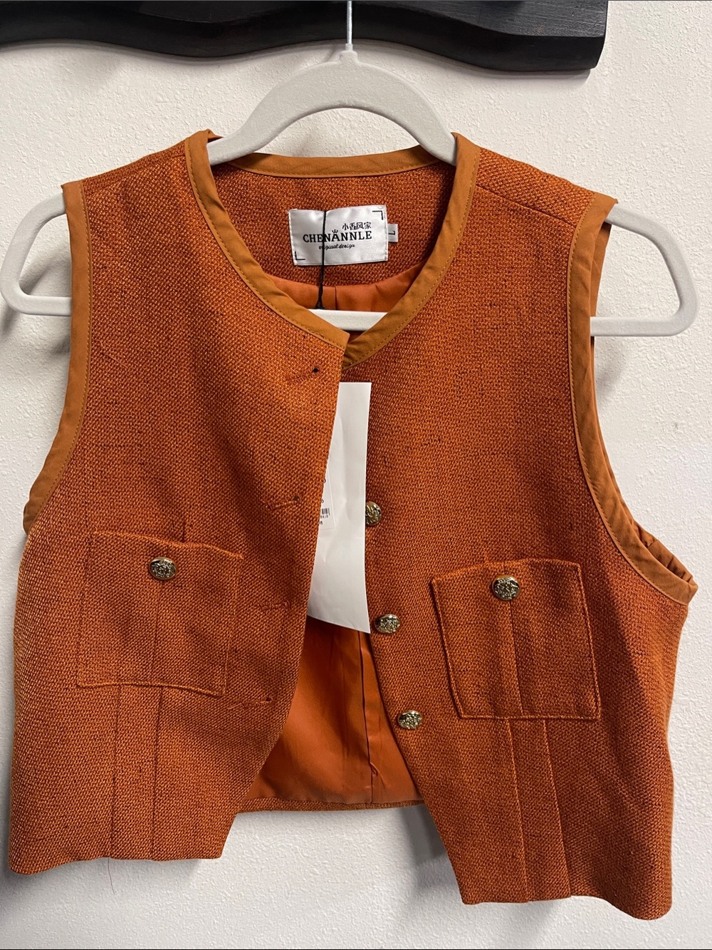 ChennAnle Textured Orange Tweed Vest